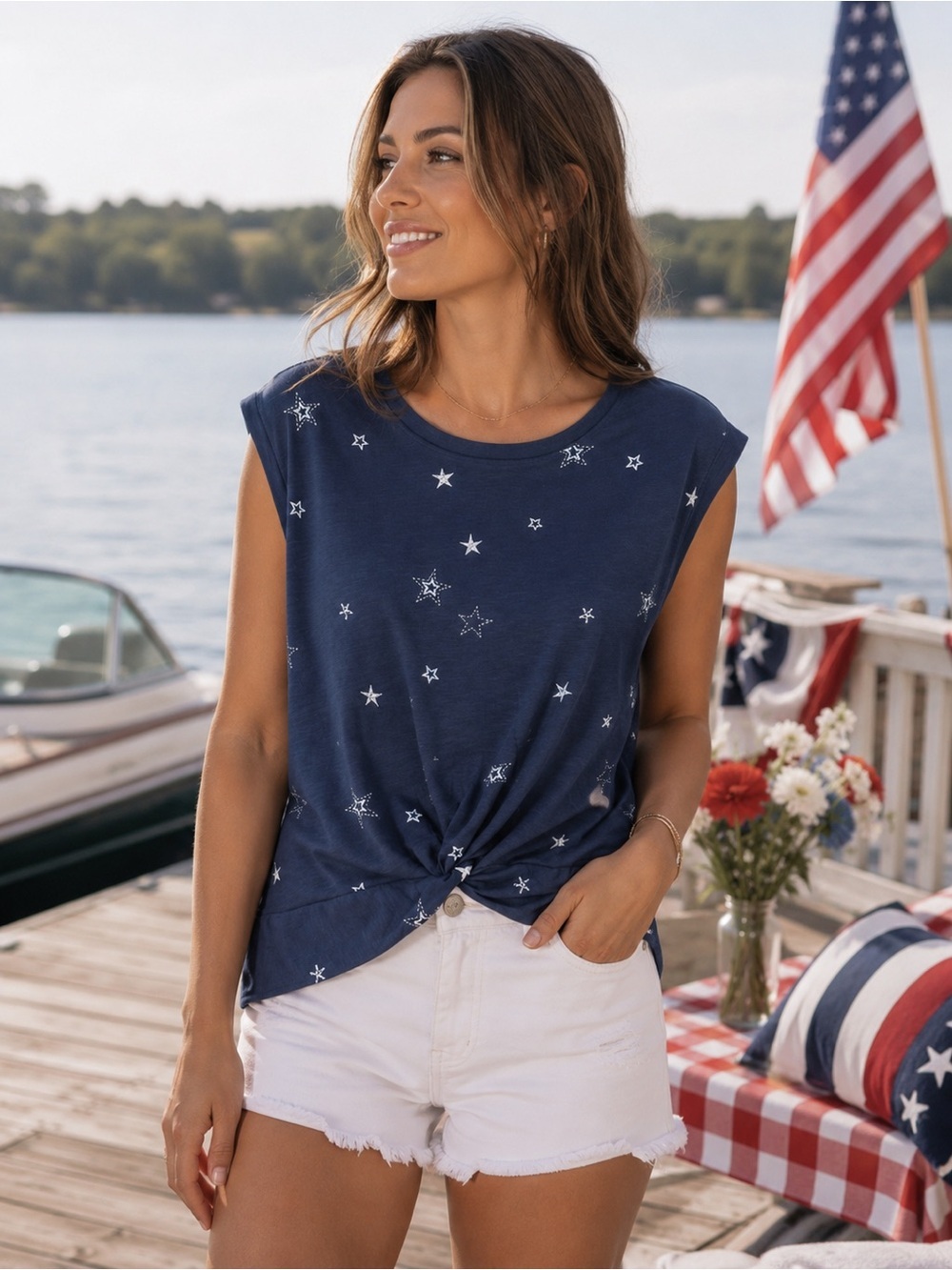 NWOT Lucky Brand Womens Navy Star Print Twist Front Short Sleeve Casual Medium
